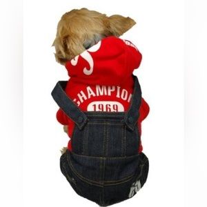 ANIMA Red Hoodieand Denim Overalls Dog
Outfit Size Large- Small Dog